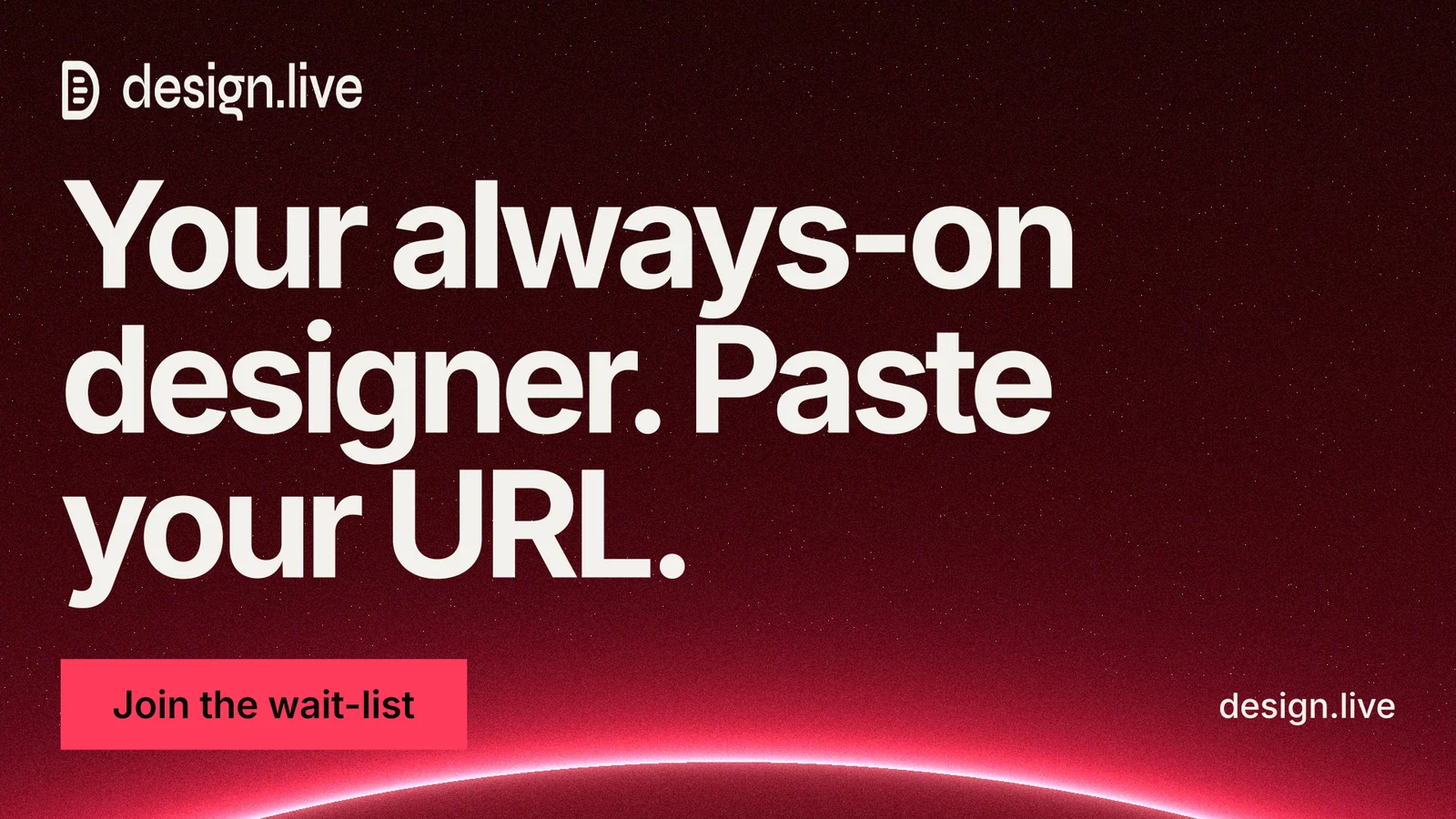 Landscape graphic for design.live: "Your always-on designer. Paste your URL." Swiss style, poster layout, dark palette in black, red, grey.