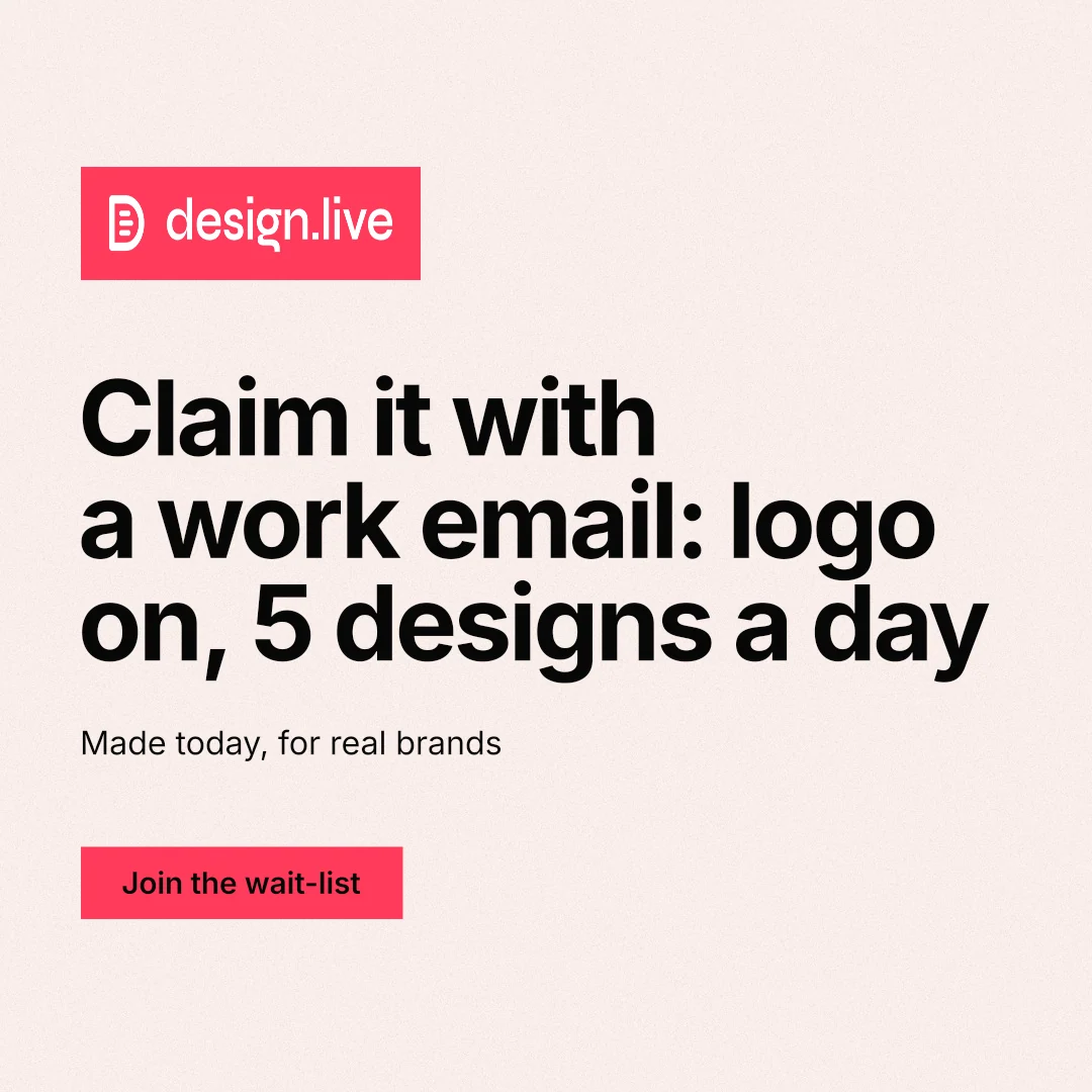 Instagram post for design.live: "Claim it with a work email: logo on, 5 designs a day". Swiss style, announce layout, light palette in white, red.