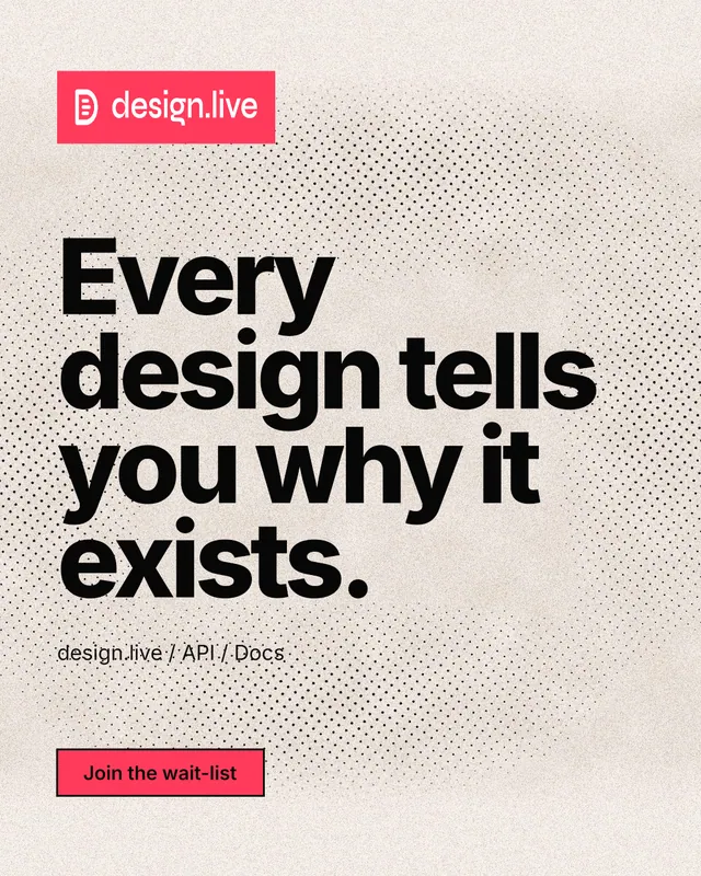 Instagram portrait post for design.live: "Every design tells you why it exists." Ink sticker style, announce layout, light palette in orange, grey.