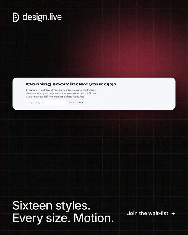 Instagram portrait post for design.live: "Sixteen styles. Every size. Motion." Phosphor atlas style, image led layout, dark palette in black, red, white.