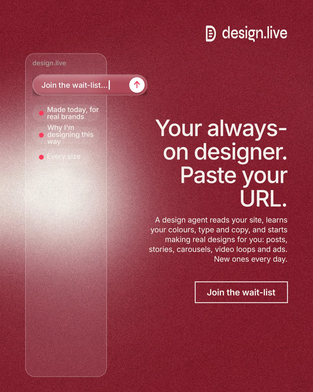Instagram portrait post for design.live: "Your always-on designer. Paste your URL." Cyanotype style, right layout, dark palette in red.