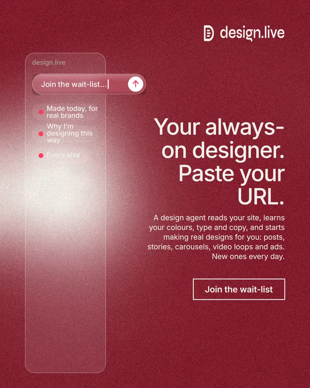 Instagram portrait post for design.live: "Your always-on designer. Paste your URL." Cyanotype style, right layout, dark palette in red.