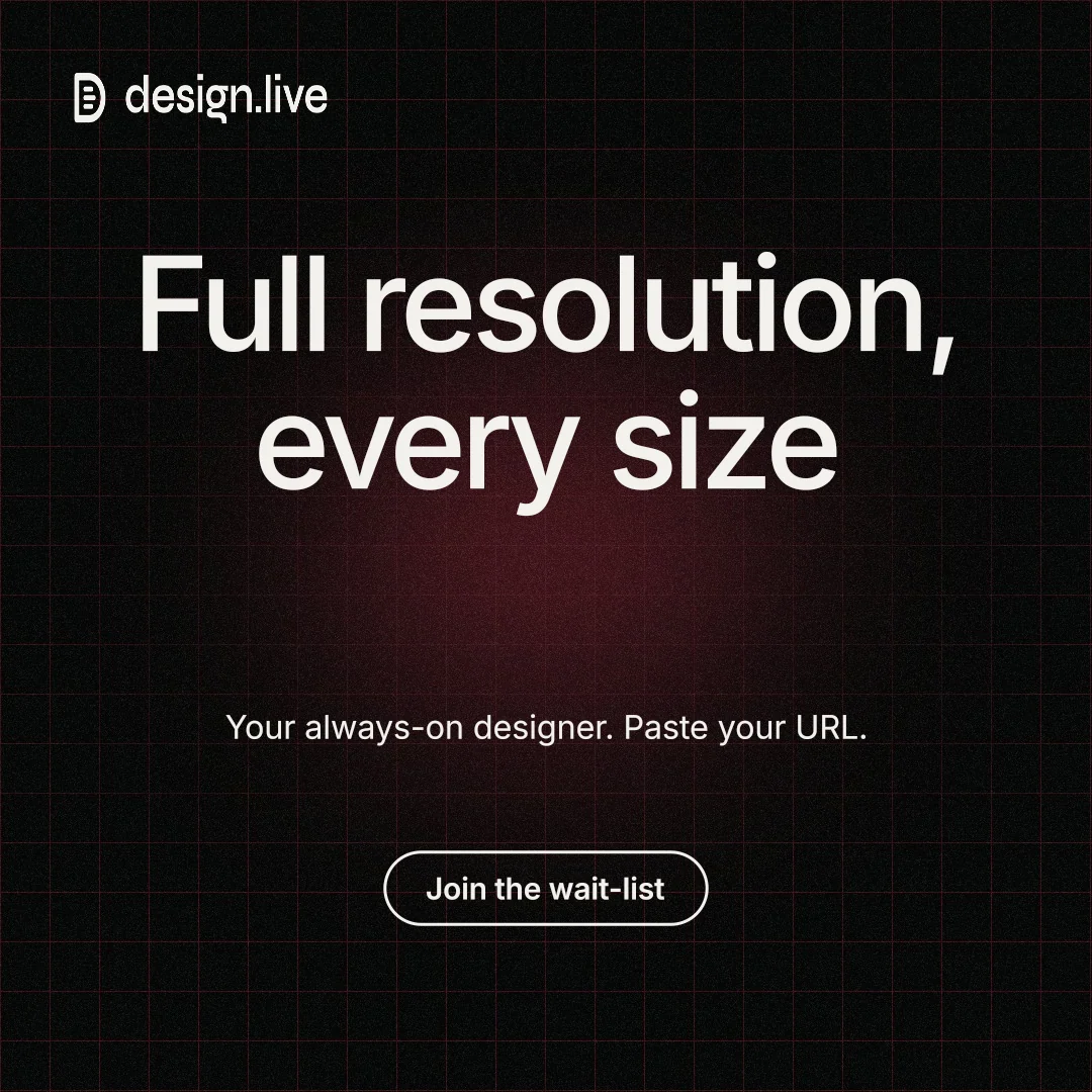 Instagram post for design.live: "Full resolution, every size". Phosphor atlas style, centred layout, dark palette in black, grey.