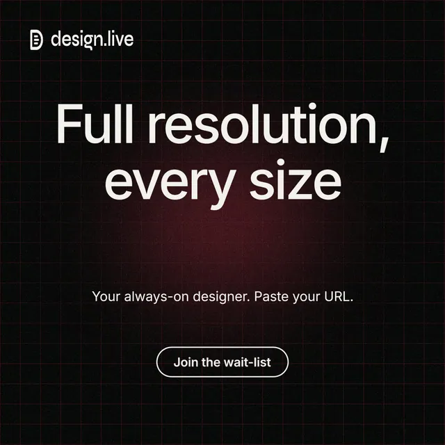 Instagram post for design.live: "Full resolution, every size". Phosphor atlas style, centred layout, dark palette in black, grey.