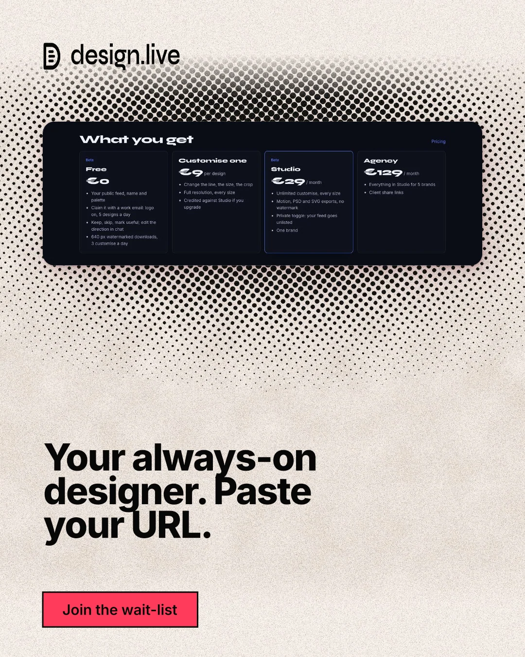 Instagram portrait post for design.live: "Your always-on designer. Paste your URL." Ink sticker style, bottom layout, light palette in orange, black, grey.