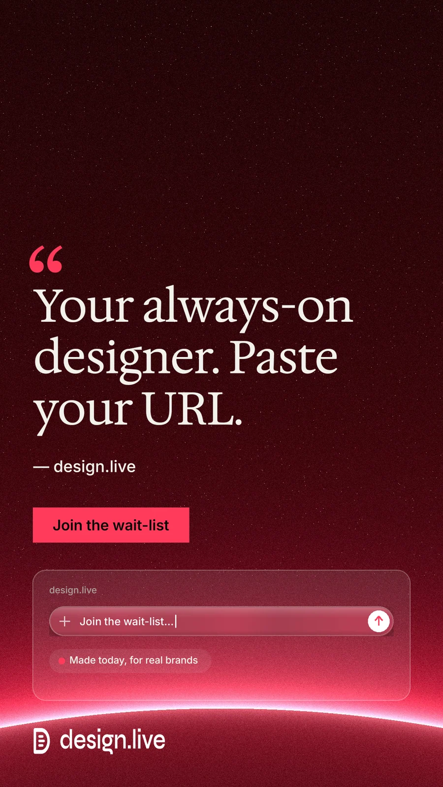 Instagram story for design.live: "Your always-on designer. Paste your URL." Swiss style, quote layout, dark palette in black, red.