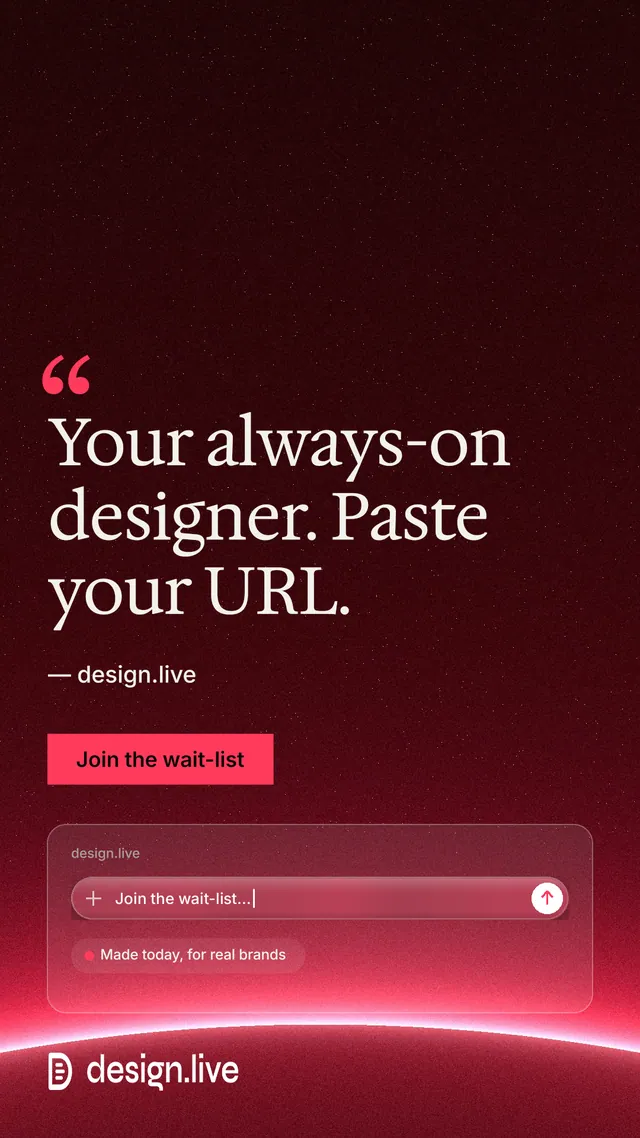 Instagram story for design.live: "Your always-on designer. Paste your URL." Swiss style, quote layout, dark palette in black, red.