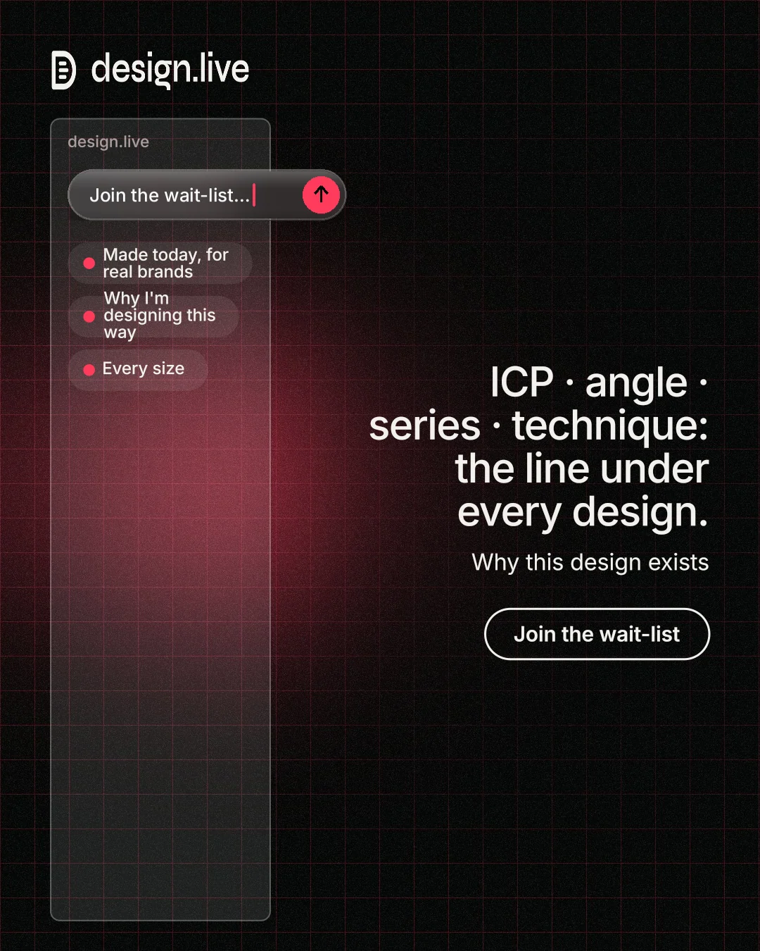 Instagram portrait post for design.live: "ICP · angle · series · technique: the line under every design." Phosphor atlas style, right layout, dark palette in black, grey.