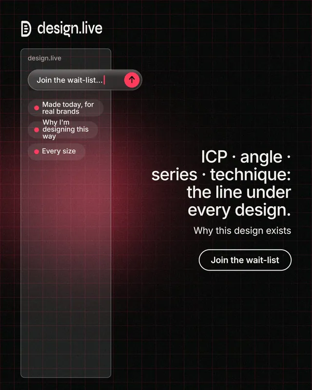 Instagram portrait post for design.live: "ICP · angle · series · technique: the line under every design." Phosphor atlas style, right layout, dark palette in black, grey.