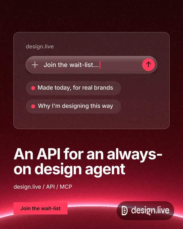 Instagram portrait post for design.live: "An API for an always-on design agent". Swiss style, bottom layout, dark palette in black, red.