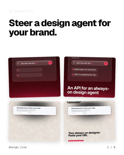 Carousel for design.live: "Steer a design agent for your brand.". Collection carousel, 8 slides, light palette.