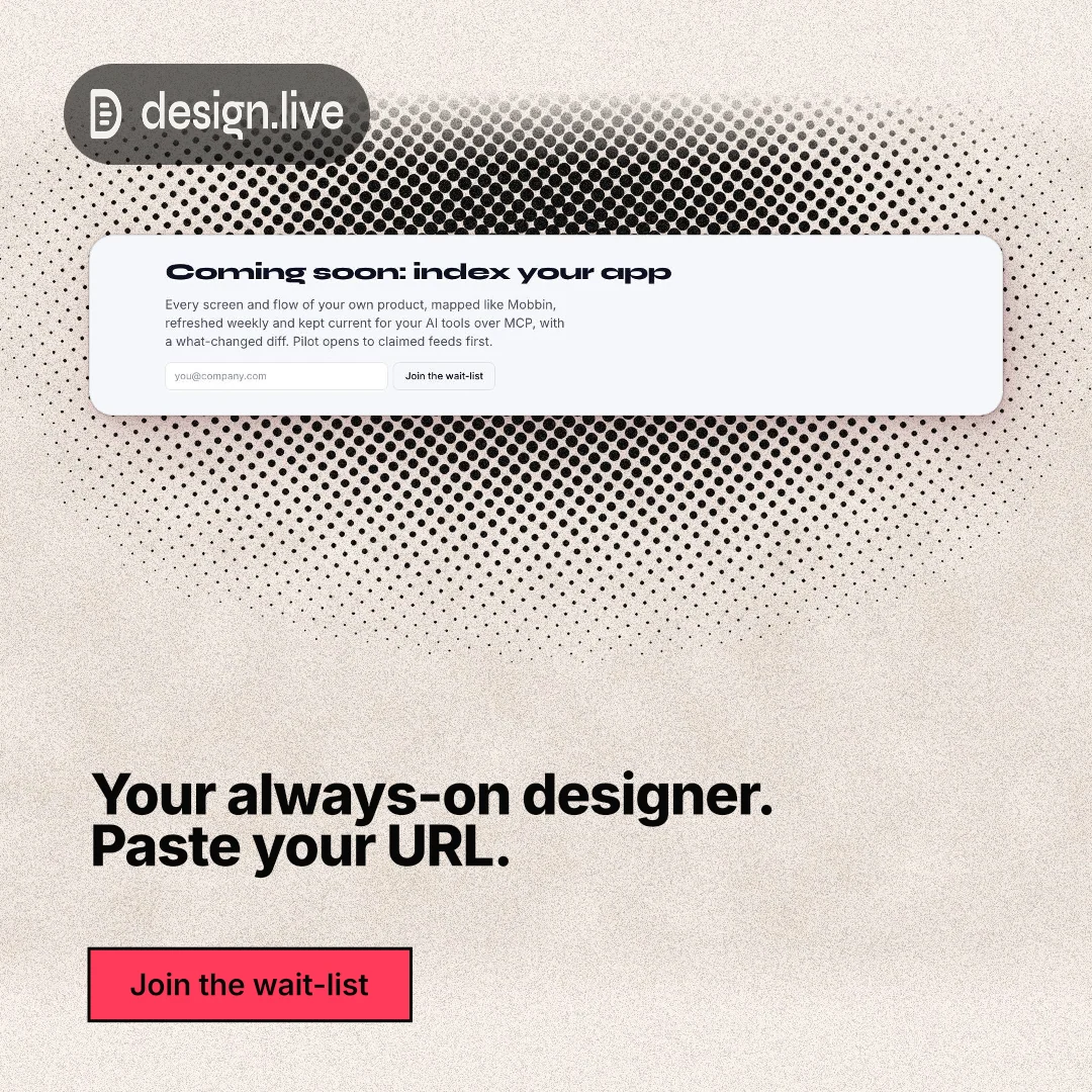 Instagram post for design.live: "Your always-on designer. Paste your URL." Ink sticker style, bottom layout, light palette in orange, grey, white.