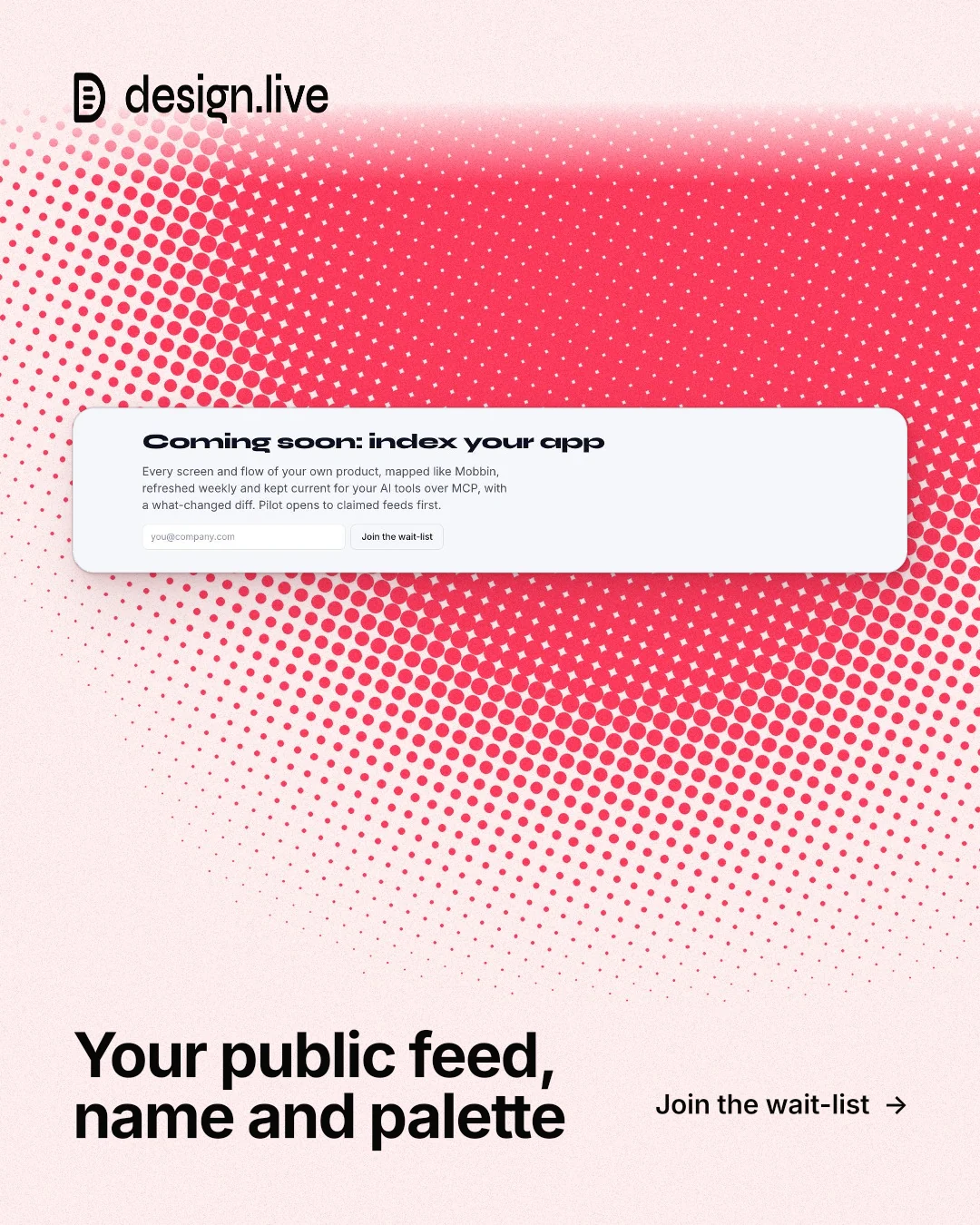 Instagram portrait post for design.live: "Your public feed, name and palette". Swiss style, image led layout, light palette in white, red.
