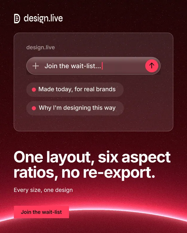 Instagram portrait post for design.live: "One layout, six aspect ratios, no re-export." Swiss style, bottom layout, dark palette in red, black.