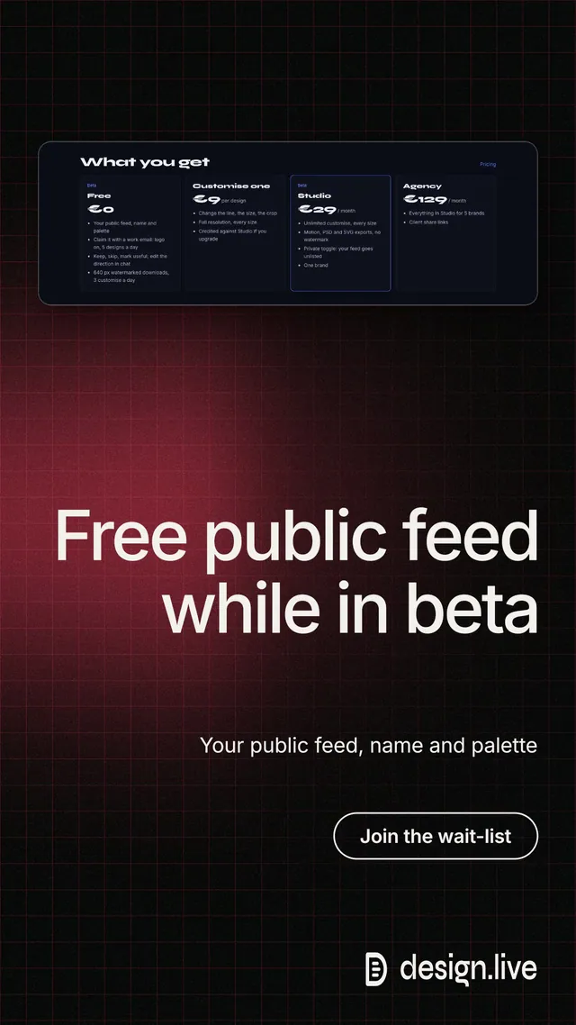 Instagram story for design.live: "Free public feed while in beta". Phosphor atlas style, right layout, dark palette in black, red, grey.