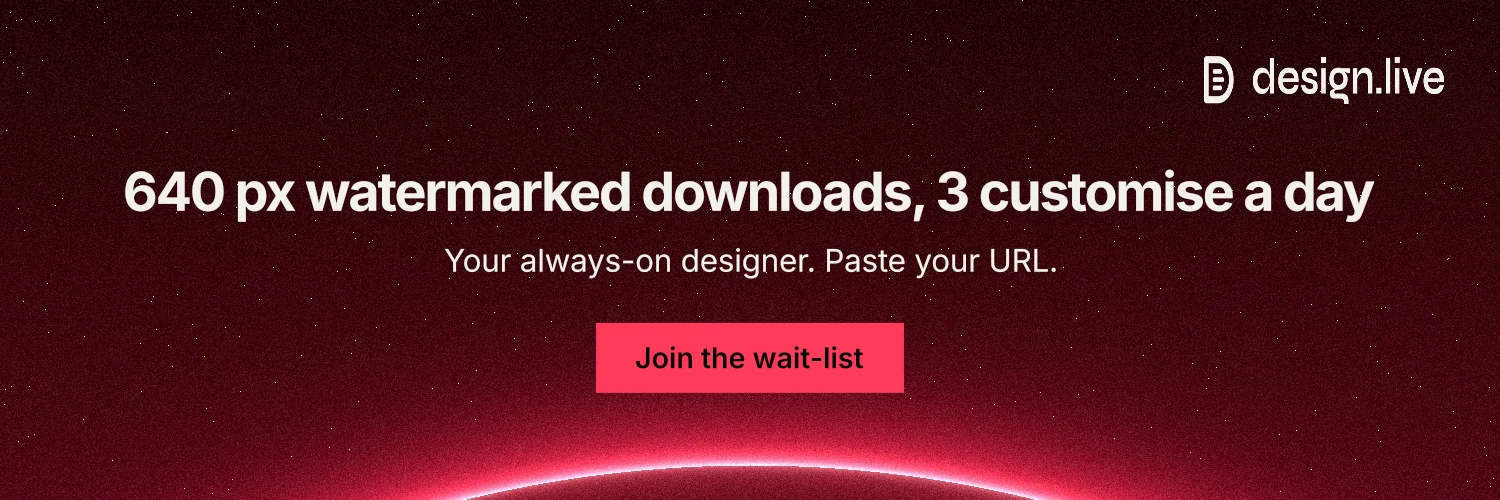 X header for design.live: "640 px watermarked downloads, 3 customise a day". Swiss style, centred layout, dark palette in red, black.