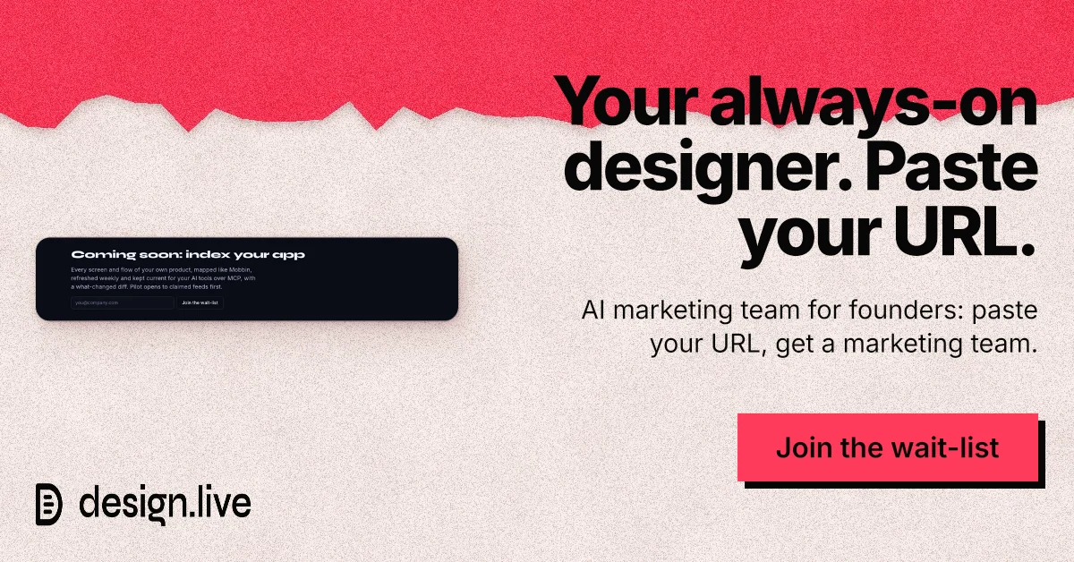 Social ad for design.live: "Your always-on designer. Paste your URL." Paper trio style, right layout, light palette in red, orange.