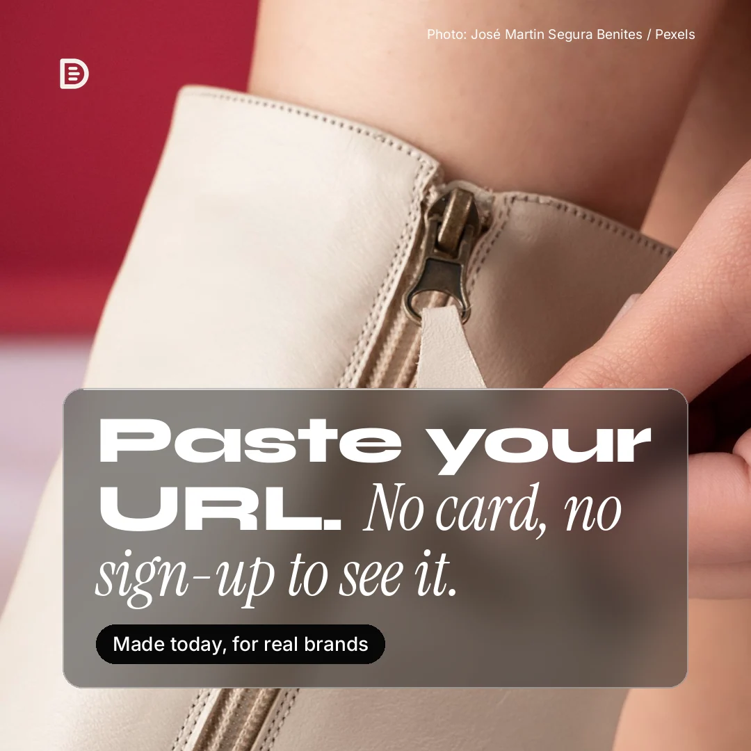 Instagram post for design.live: "Paste your URL. No card, no sign-up to see it." Glass style, technique:pexels ingredient layout, light palette in orange, red, white.