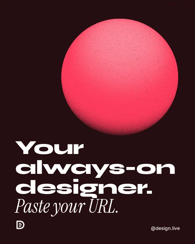 Instagram portrait post for design.live: "Your always-on designer. Paste your URL." Auto 4x5 style, technique:shader field layout, dark palette in black, red.