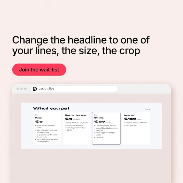 Instagram post for design.live: "Change the headline to one of your lines, the size, the crop". Data card style, browser layout, light palette in orange, white, red.