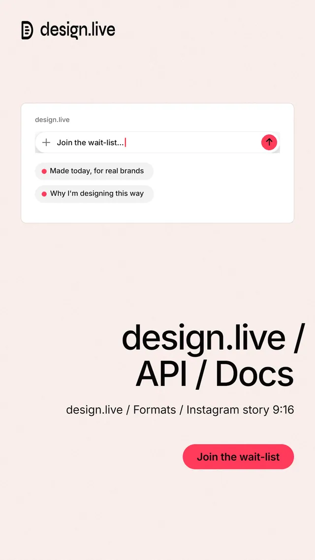 Instagram story for design.live: "design.live / API / Docs". Data card style, right layout, light palette in white, red.