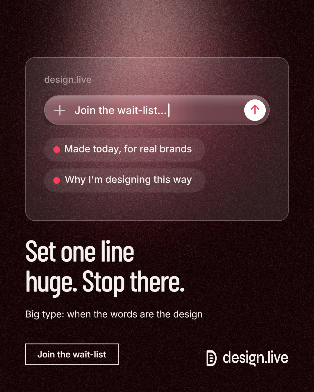 Instagram portrait post for design.live: "Set one line huge. Stop there." Dark deco style, bottom layout, dark palette in black, red, grey.