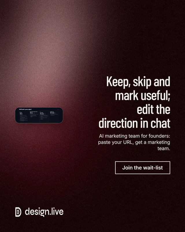Instagram portrait post for design.live: "Keep, skip and mark useful; edit the direction in chat". Dark deco style, right layout, dark palette in black, red, grey.