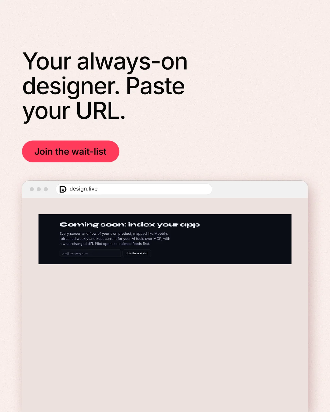 Instagram portrait post for design.live: "Your always-on designer. Paste your URL." Data card style, browser layout, light palette in red, white, grey.