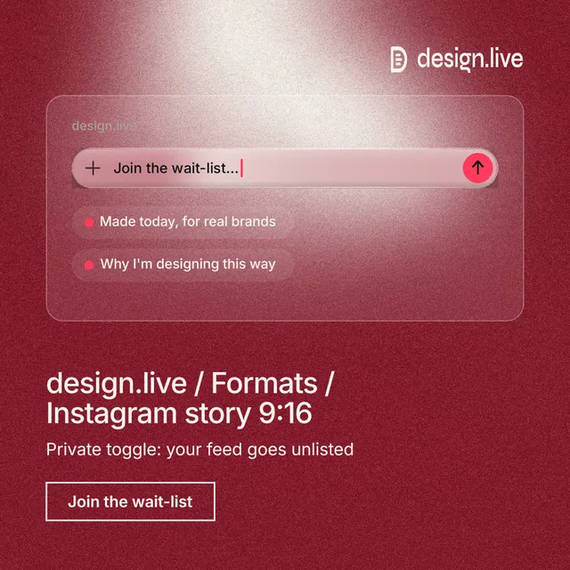 Instagram post for design.live: "design.live / Formats / Instagram story 9:16". Cyanotype style, bottom layout, dark palette in red.