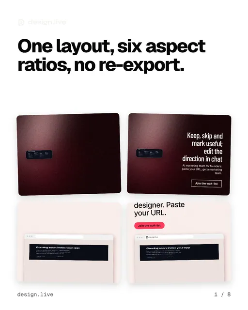 Carousel for design.live: "One layout, six aspect ratios, no re-export.". Collection carousel, 8 slides, light palette.