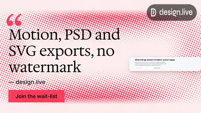 Landscape graphic for design.live: "Motion, PSD and SVG exports, no watermark". Swiss style, quote layout, light palette in red, white.