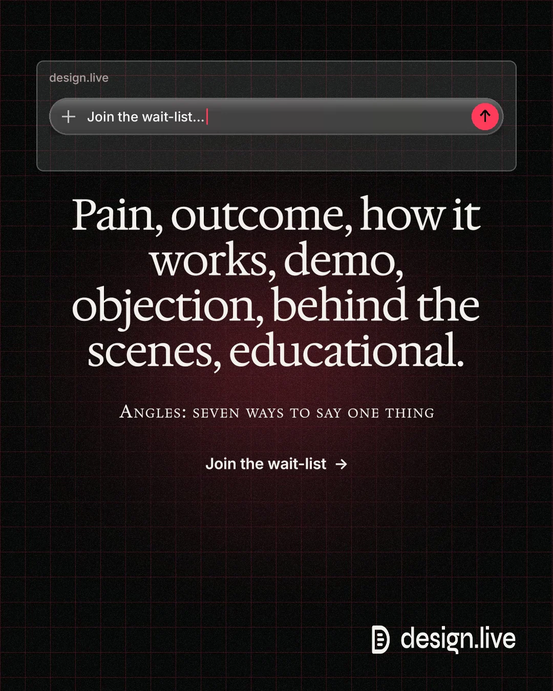 Instagram portrait post for design.live: "Pain, outcome, how it works, demo, objection, behind the scenes, educational." Phosphor atlas style, smallcaps layout, dark palette in black, grey.