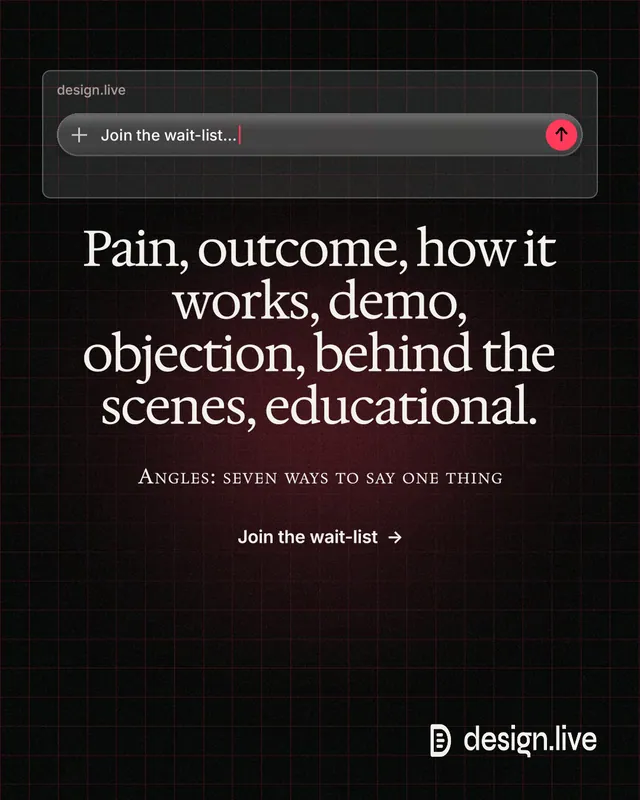 Instagram portrait post for design.live: "Pain, outcome, how it works, demo, objection, behind the scenes, educational." Phosphor atlas style, smallcaps layout, dark palette in black, grey.