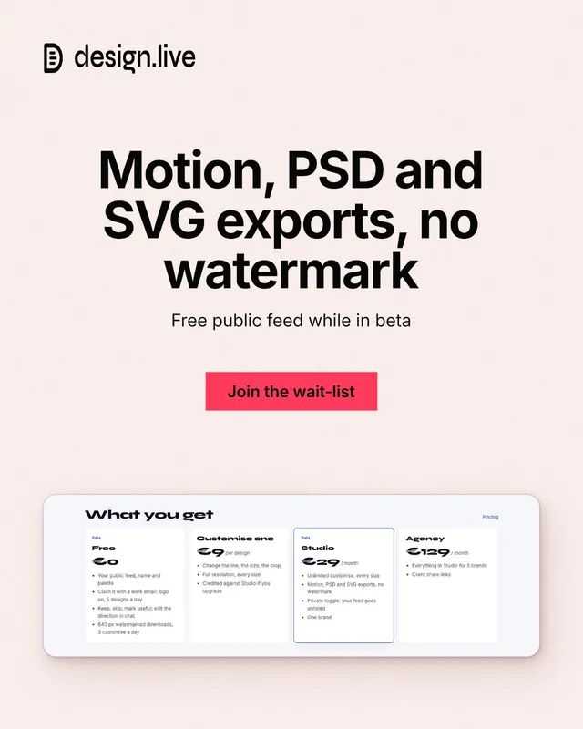 Instagram portrait post for design.live: "Motion, PSD and SVG exports, no watermark". Swiss style, centred layout, light palette in white, grey.