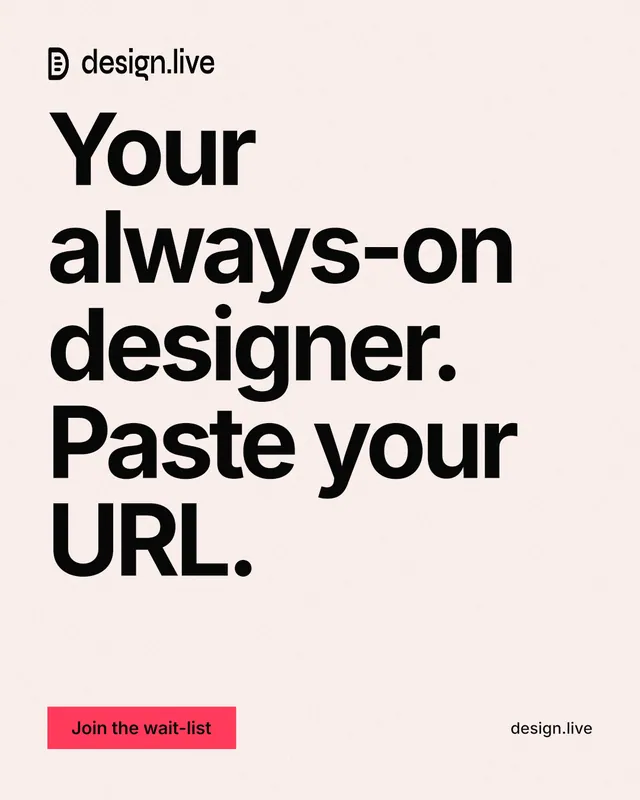 Instagram portrait post for design.live: "Your always-on designer. Paste your URL." Swiss style, poster layout, light palette in white, grey.