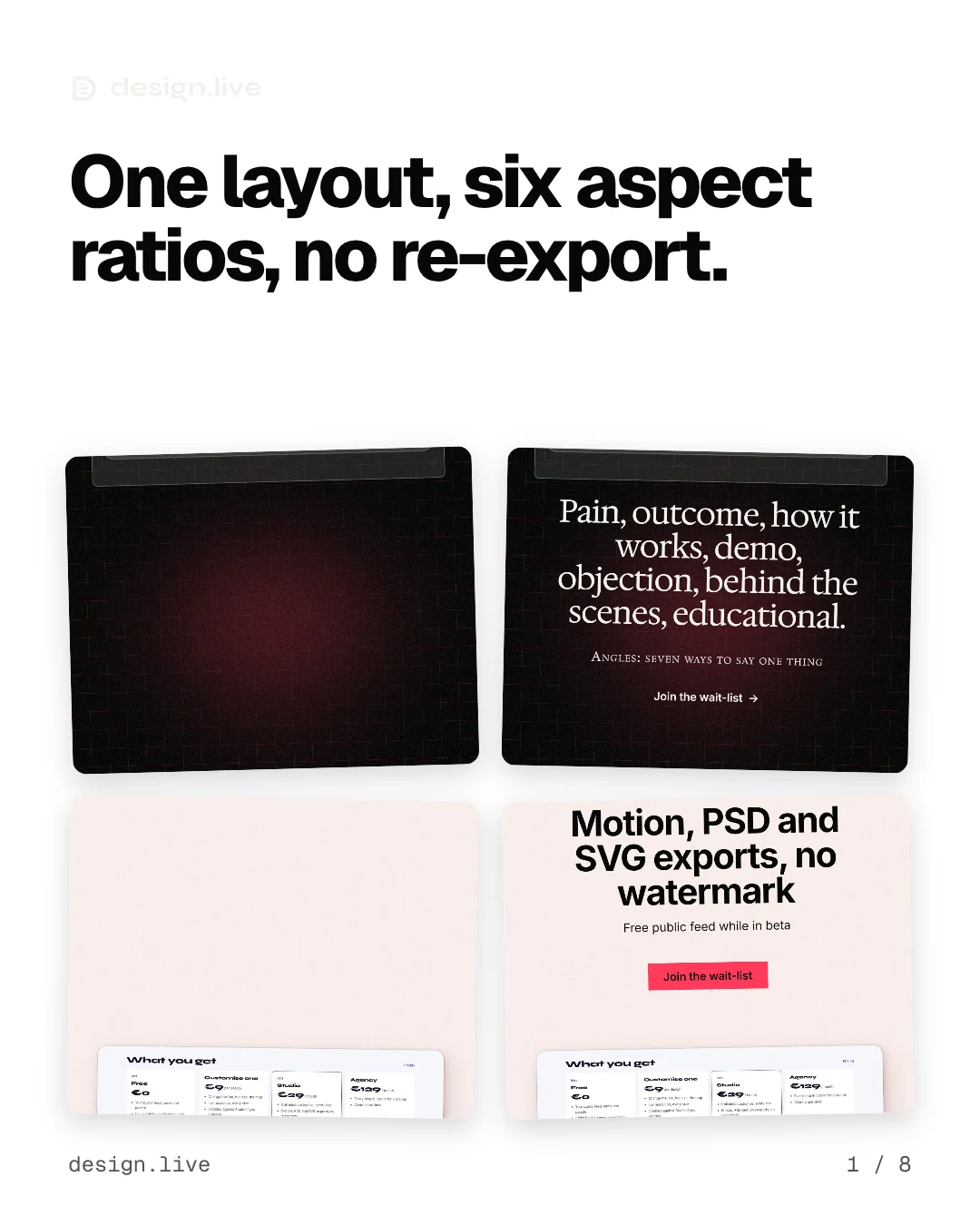 Carousel for design.live: "One layout, six aspect ratios, no re-export.". Collection carousel, 8 slides, light palette.