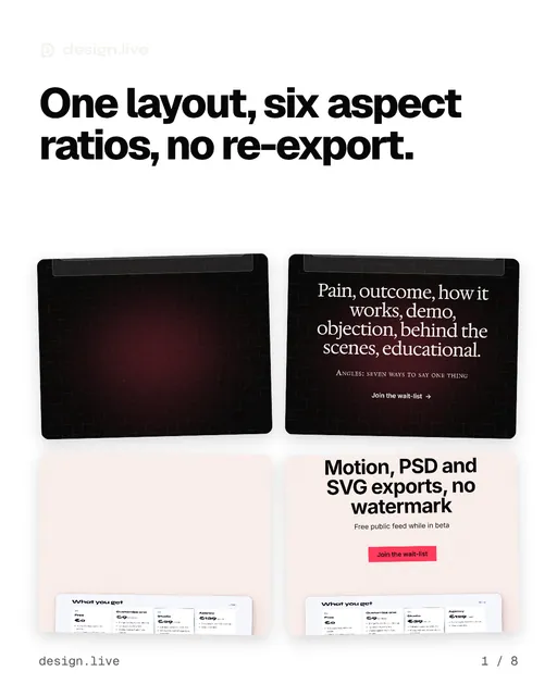 Carousel for design.live: "One layout, six aspect ratios, no re-export.". Collection carousel, 8 slides, light palette.