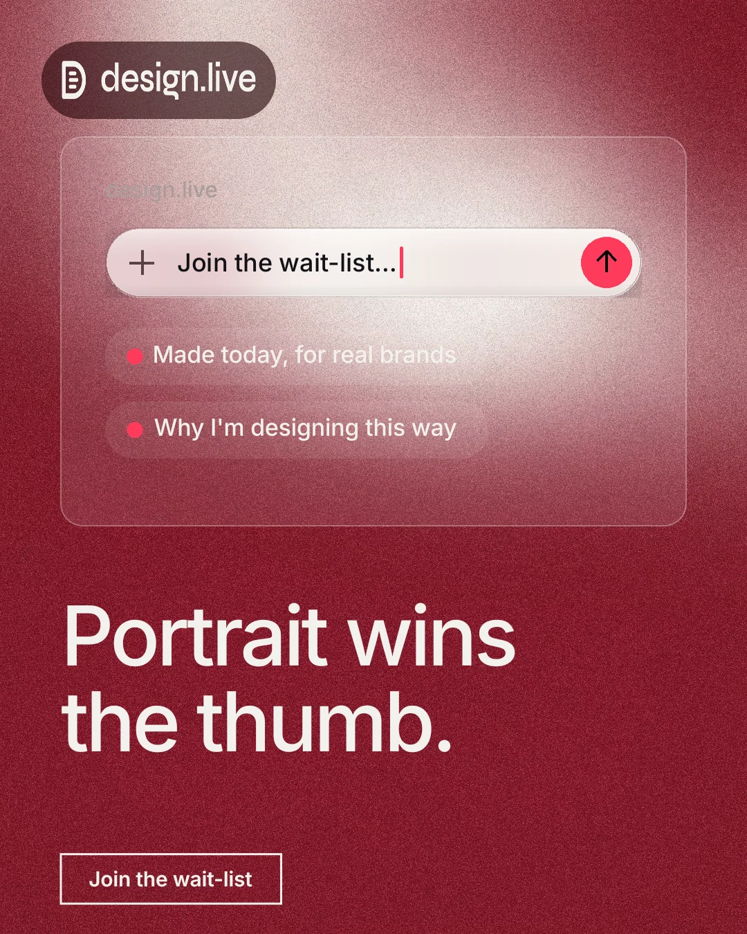 Instagram portrait post for design.live: "Portrait wins the thumb." Cyanotype style, bottom layout, dark palette in red.