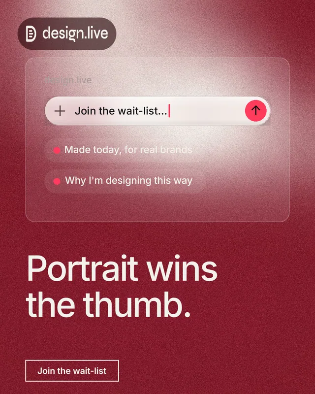 Instagram portrait post for design.live: "Portrait wins the thumb." Cyanotype style, bottom layout, dark palette in red.