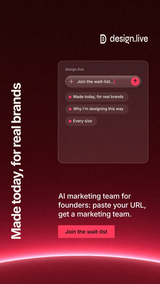 Instagram story for design.live: "Made today, for real brands". Swiss style, vertical layout, dark palette in black, red.