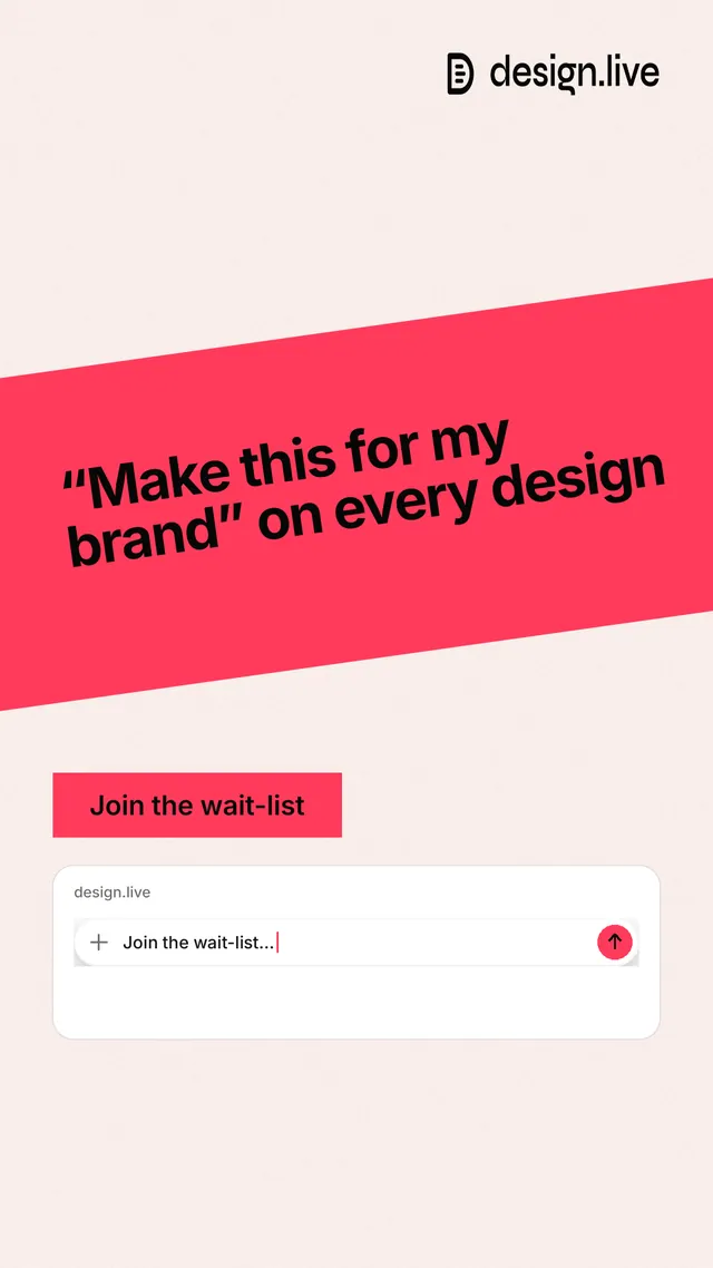 Instagram story for design.live: "“Make this for my brand” on every design". Swiss style, diagonal layout, light palette in white, red.