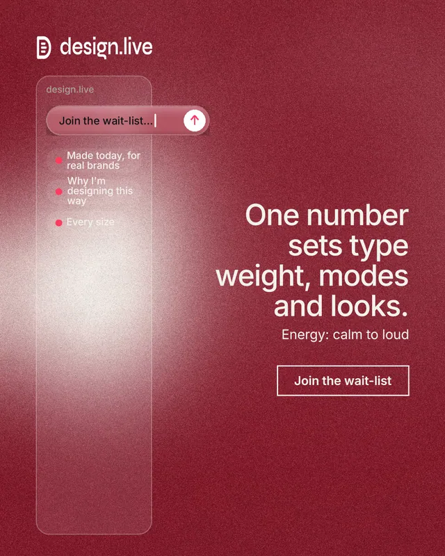 Instagram portrait post for design.live: "One number sets type weight, modes and looks." Cyanotype style, right layout, dark palette in red.