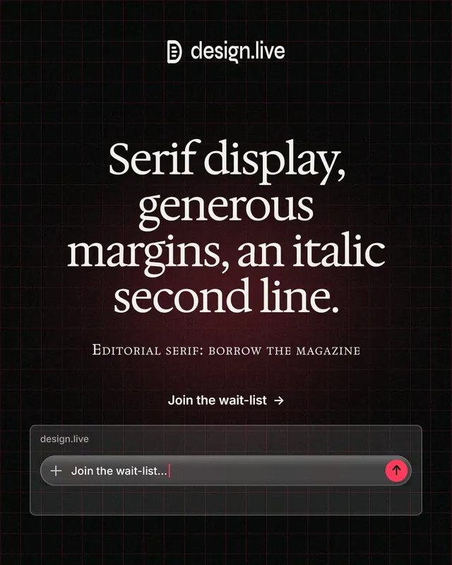 Instagram portrait post for design.live: "Serif display, generous margins, an italic second line." Phosphor atlas style, smallcaps layout, dark palette in black, grey.