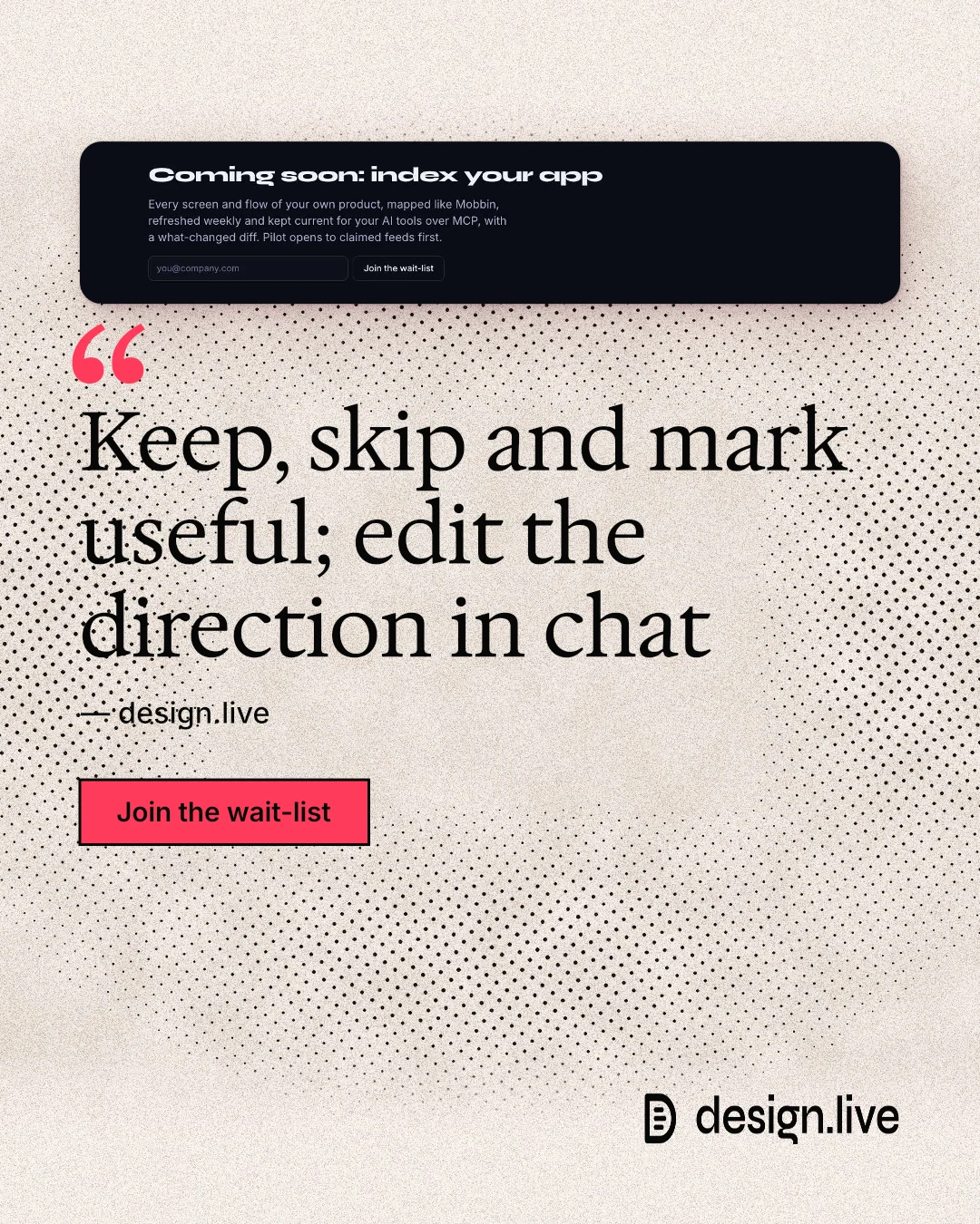 Instagram portrait post for design.live: "Keep, skip and mark useful; edit the direction in chat". Ink sticker style, quote layout, light palette in orange, grey.