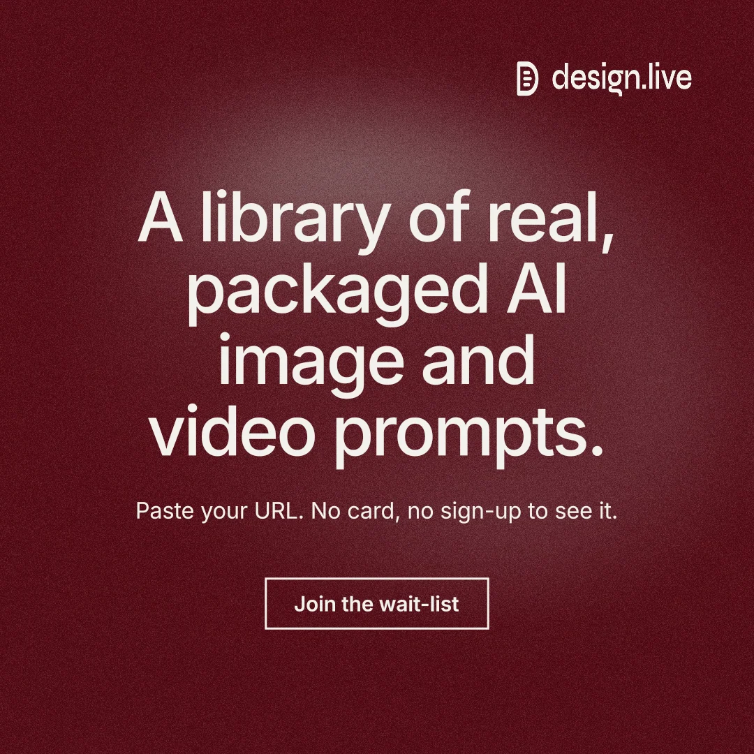 Instagram post for design.live: "A library of real, packaged AI image and video prompts." Cyanotype style, centred layout, dark palette in red.