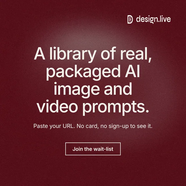 Instagram post for design.live: "A library of real, packaged AI image and video prompts." Cyanotype style, centred layout, dark palette in red.