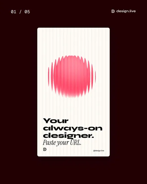 Video for design.live. Ad flipbook, 7.5 s, dark palette.