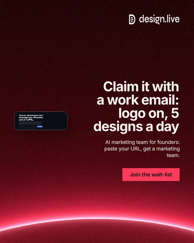 Instagram portrait post for design.live: "Claim it with a work email: logo on, 5 designs a day". Swiss style, right layout, dark palette in red, black.