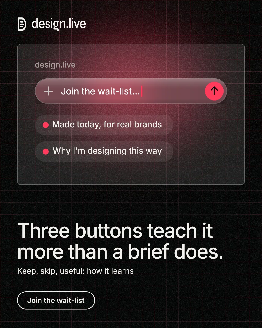 Instagram portrait post for design.live: "Three buttons teach it more than a brief does." Phosphor atlas style, bottom layout, dark palette in black, grey.