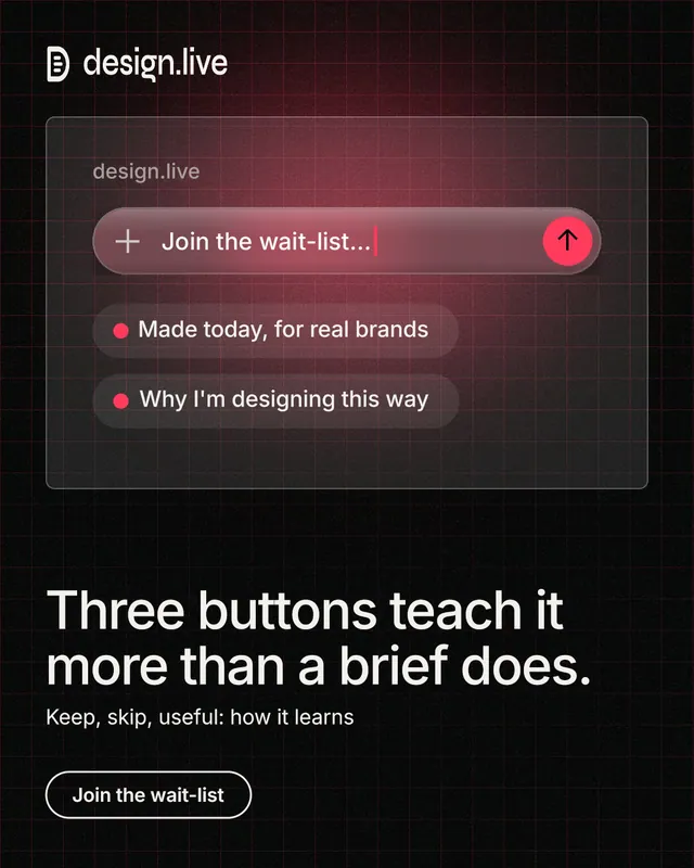 Instagram portrait post for design.live: "Three buttons teach it more than a brief does." Phosphor atlas style, bottom layout, dark palette in black, grey.